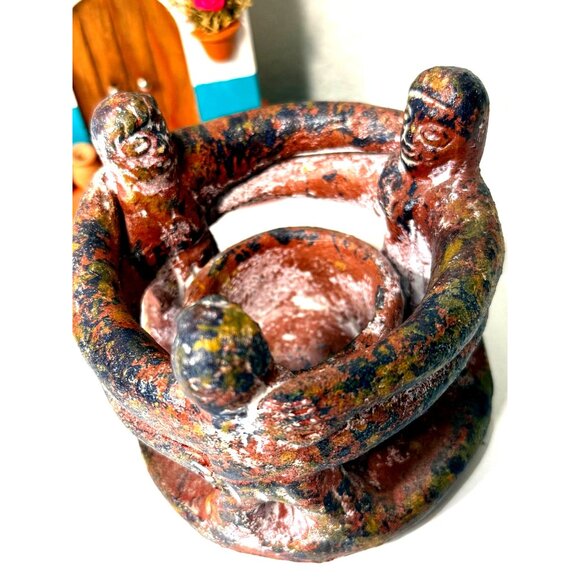 Aztec Mayan Circle of Friends Candle Holder Red Clay Mexican Pottery Vintage Dec - Picture 11 of 11